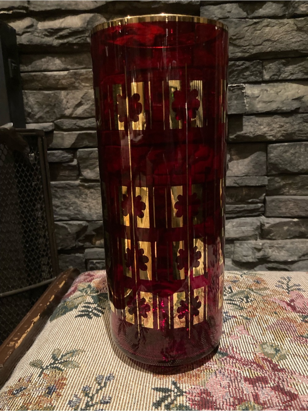 Vintage Ruby Red Glass Vase with Gold Clover Pattern